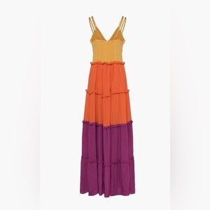French Connection Adira Birch Tiered Maxi Dress. Size 4. Yellow orange, purple